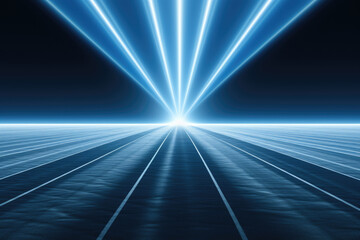 Futuristic horizon with radiant blue laser beams extending from a bright light source as background