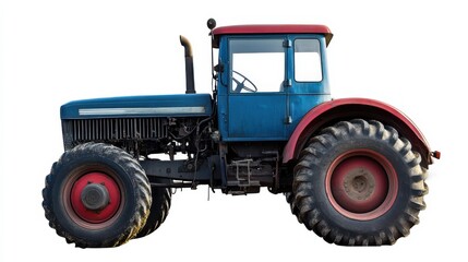 Obraz premium Classic blue and red tractor parked in a rural setting during the day
