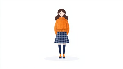Naklejka premium Stylish girl in orange hoodie and plaid skirt.
