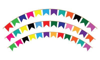 Party flags garlands set. Colourful vintage fabric party flag on white cement wall texture background. Decoration for carnival, birthday, holiday and festival. Vector illustration. EPS 10