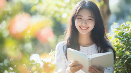 Young Asian woman happily reading a book outdoors while sipping tea in a colorful garden during a sunny afternoon. Generative AI