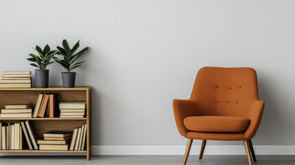 Cozy living room with orange chair and bookshelf filled with books