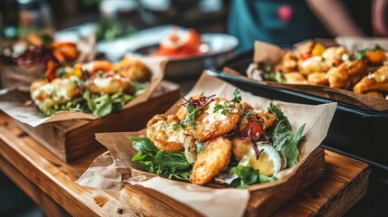Fototapeta premium Delicious Plated Gourmet Appetizers with Fresh Greens and Colorful Ingredients Served on Rustic Wooden Trays in a Cozy Dining Setting