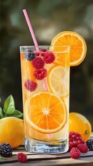 A refreshing beverage with citrus and berries, served in a tall glass with a straw.