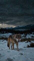 Alpha wolf prowling through snowy wilderness on a stormy night.