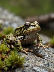 Obraz premium Alpine frog (Rana temporaria) in its habitat.