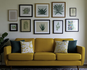 Fototapeta premium vibrant bohemian living room featuring yellow sofa and gallery wall