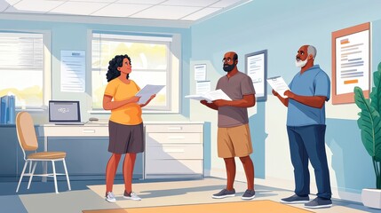 Group of Diverse Professionals Engaging in Collaborative Discussion in a Modern Office Environment with Bright Natural Light and Contemporary Decor Elements