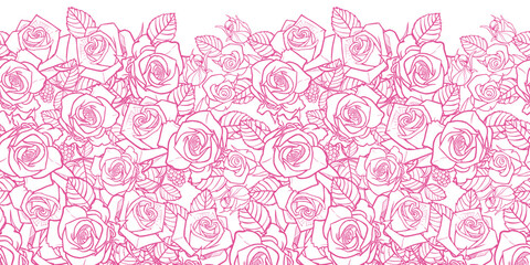 Vector pink and white roses and berries flowerbed outline horizontal border pattern. Perfect for romantic backgrounds, posters and greeting cards.