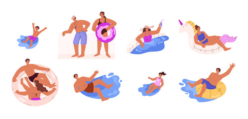 Obraz premium Vector illustration of a set showing characters enjoying their vacation at the water park.