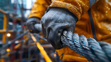 A man in a yellow jacket is holding a rope