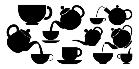 Set of Black Silhouettes of Teapot and Cup