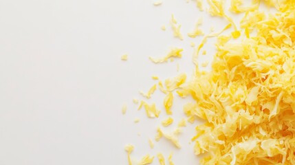 Obraz premium Bright and Vibrant Yellow Shredded Cheese on a Light Background Perfect for Food Photography, Culinary Arts, and Gastronomic Designs, Evoking Freshness and Flavorful Dishes