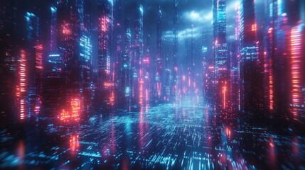 A futuristic cityscape illuminated by vibrant neon lights and digital elements.