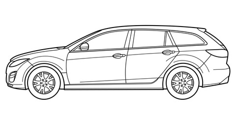 classic station wagon. Different five view shot - front, rear, side and 3d. Outline doodle vector illustration