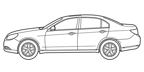 Classic business luxury class sedan car. 4 door car on white background. Side view shot. Outline doodle vector illustration