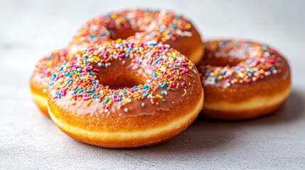Close-up of glazed donuts with sprinkles on a light gray surface.