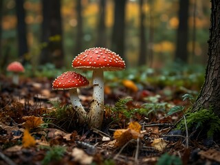 Fototapeta premium Amanita Muscaria mushrooms in an autumn forest.