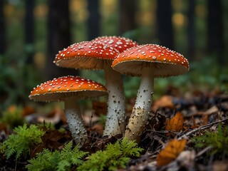 Fototapeta premium Amanita Muscaria mushrooms in an autumn forest.