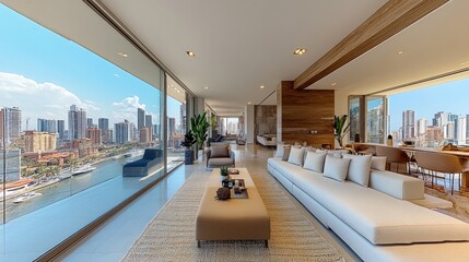 Modern living room with panoramic city views and elegant decor.