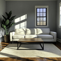 Fototapeta premium cozy farmhouse living room with soft linen sofa and natural light