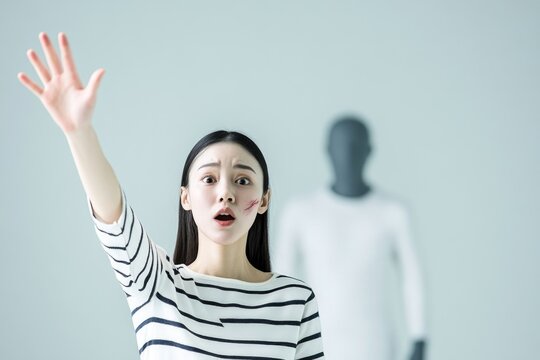Young asian female expressing fear and reaching out with blurred figure in background