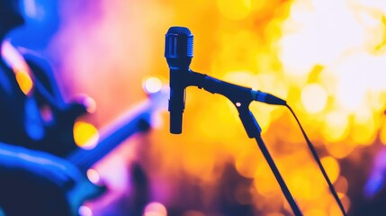 Vibrant musical performance with microphone on stage under colorful lights