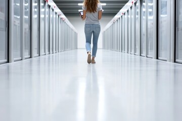 Female technician walking through modern data center corridor with tablet
