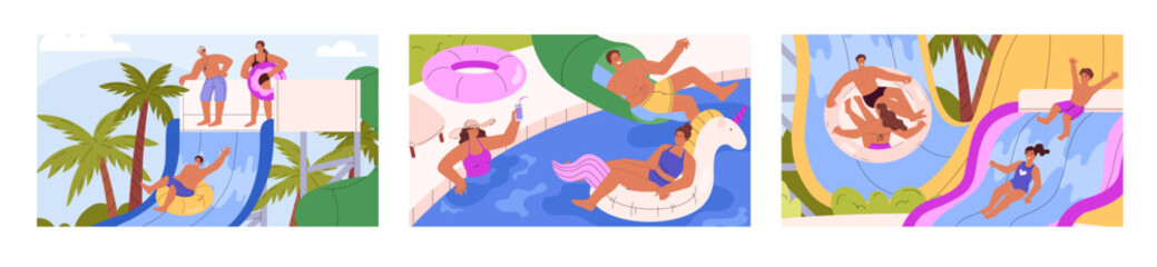 A vector collection of three illustrations of water park scenes featuring families enjoying water slides