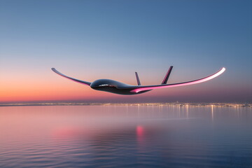 Solar-powered autonomous drone plane taxi above a coastal city, sleek design with curved wings