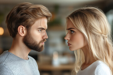 Fototapeta premium A young couple looking at each other in profile. An atmosphere of conflict.