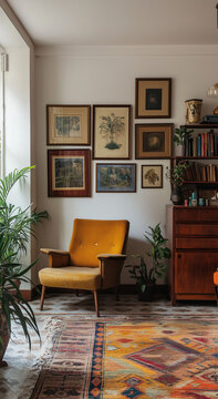 An attractive interior with bright natural light, gorgeous vintage antique home, gallery wall, curated boho chic interior vibes, social media, portrait format