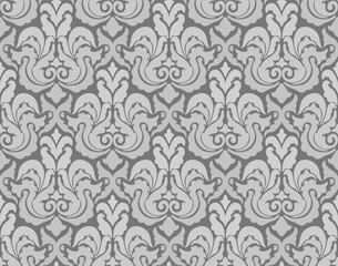 Subtle damask pattern in soft gray tones with a repeating ornate floral and symmetrical ornamental design.