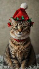 An adorable cat in a vibrant Christmas outfit, wearing a festive hat.