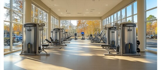 A modern gym interior featuring exercise machines and large windows for natural light.
