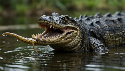 Fototapeta premium An alligator with a leech hanging from its mouth.