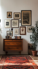 An attractive interior with bright natural light, gorgeous vintage antique home, gallery wall, curated boho chic interior vibes, social media, portrait format