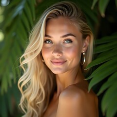 Portrait of a blonde with natural beauty among the leaves of tropical trees Generative Ai