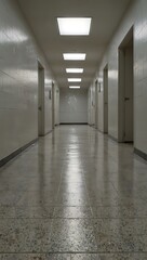 Obraz premium An empty white hallway with tiled floors, subtly blurred with space for custom text.