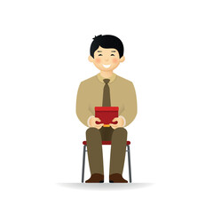 Vector cheeky asian man in business suit posing. Sitting and holding box.