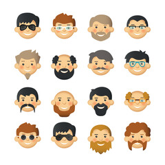 Man face avatar icon set with beards, mustaches, glasses and rosy cheeks