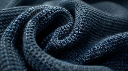 A close-up shot of a textured, dark blue fabric with a waffle knit pattern. The fabric is draped in soft folds, showcasing its tactile and visual appeal.