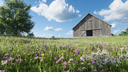Serene Countryside Landscape with Old Barn, Wildflowers, and Blue Sky | Ultra-Detailed Photorealistic Image of Rural Life