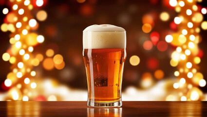 Glass of light beer on a dark pub
