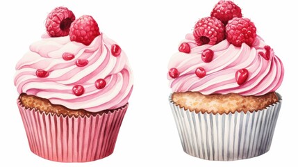 Two cupcakes with pink frosting and raspberries on top