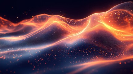 Abstract waves of light with glowing particles create a dynamic, ethereal atmosphere.