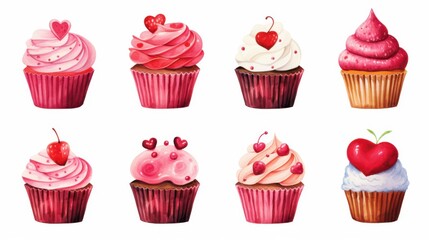 A set of cupcakes with hearts and cherries on top