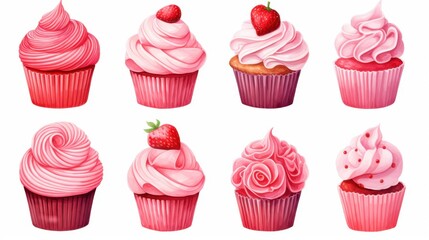 A row of pink cupcakes with strawberry frosting and pink sprinkles