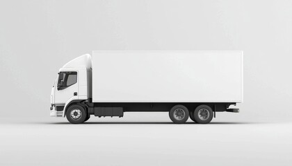 A sleek, white delivery truck is shown in profile, set against a minimalistic background, emphasizing its modern design and utility.