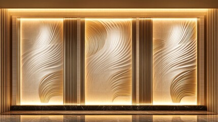 Elegant wall design with textured panels and ambient lighting for aesthetic appeal.